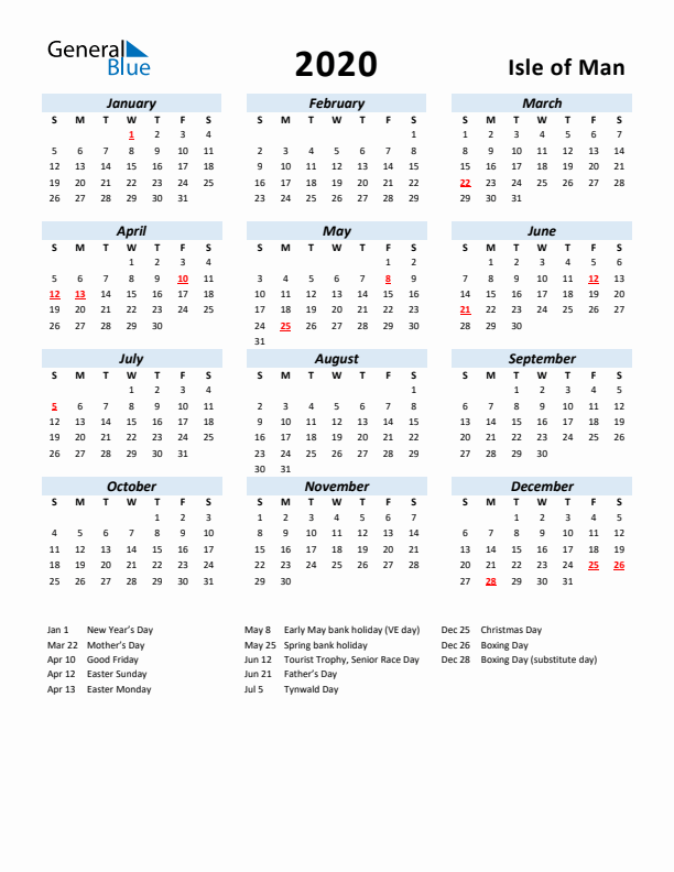 2020 Calendar for Isle of Man with Holidays
