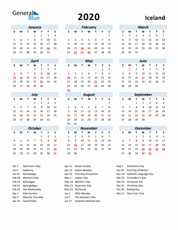 2020 Calendar for Iceland with Holidays