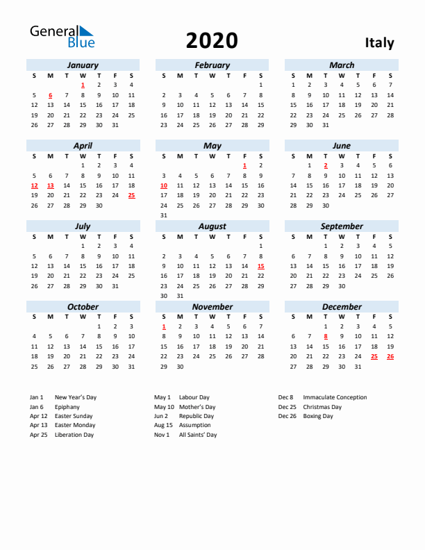 2020 Calendar for Italy with Holidays