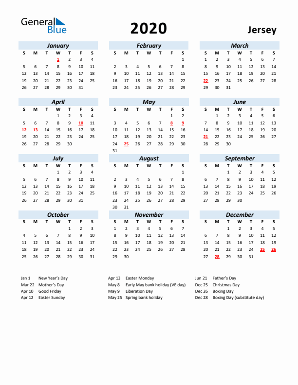 2020 Calendar for Jersey with Holidays