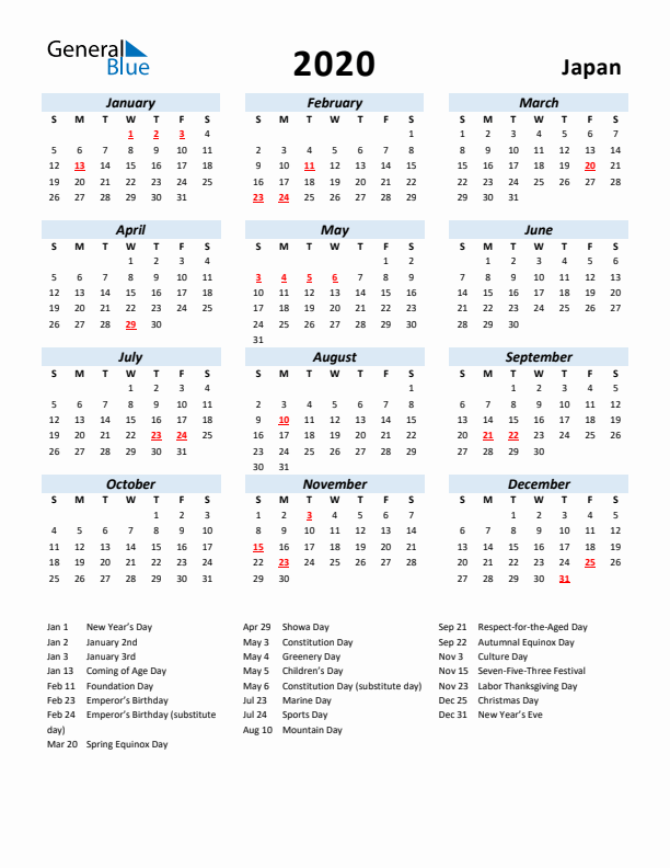 2020 Calendar for Japan with Holidays