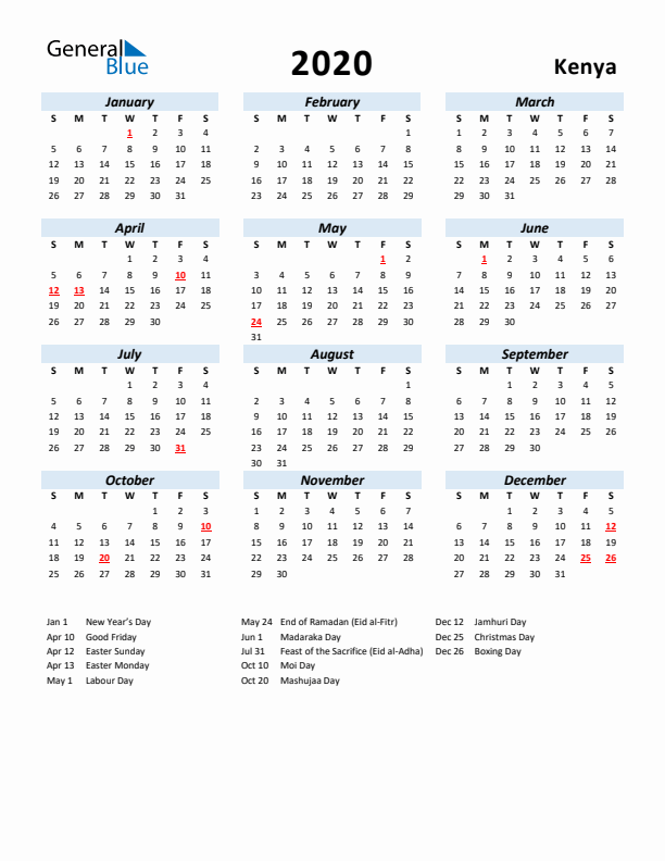 2020 Calendar for Kenya with Holidays