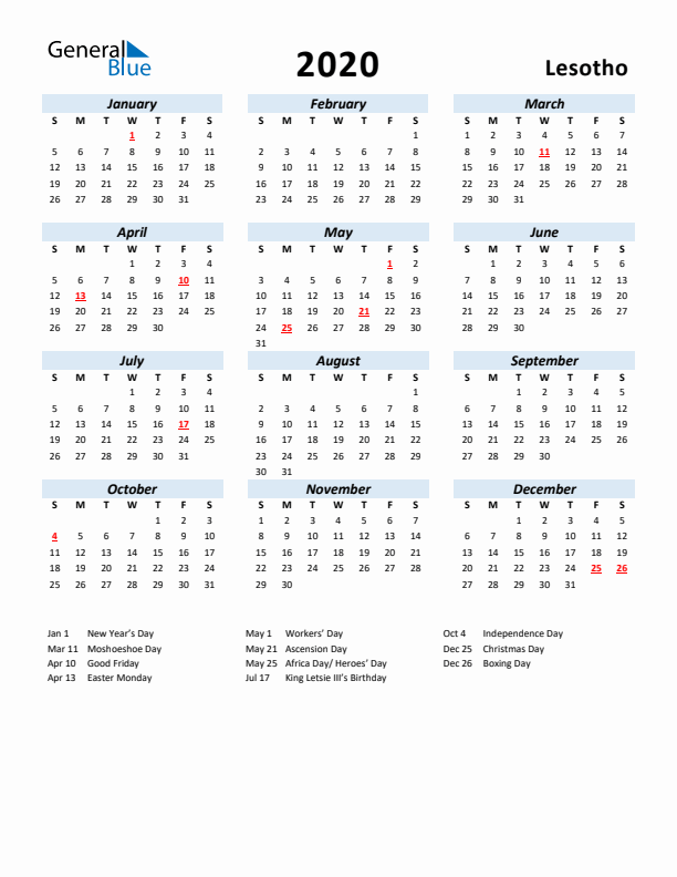 2020 Calendar for Lesotho with Holidays