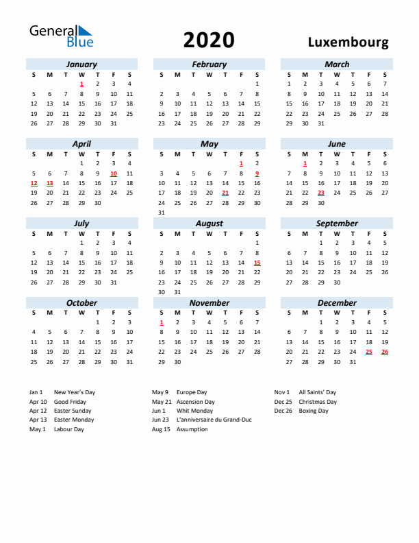 2020 Calendar for Luxembourg with Holidays