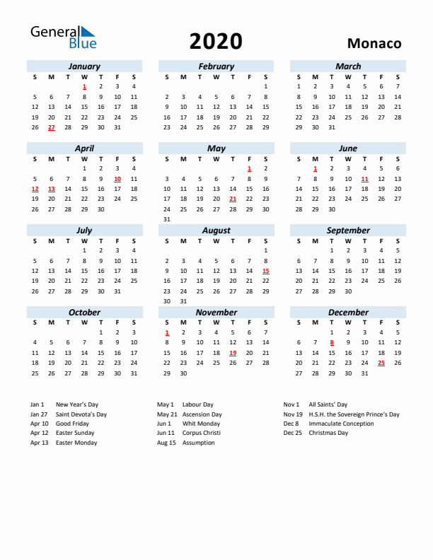 2020 Calendar for Monaco with Holidays