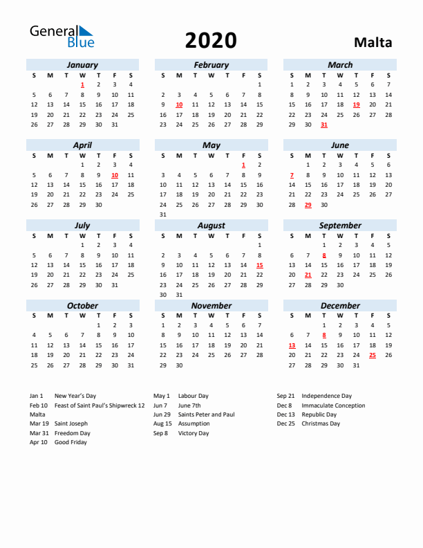 2020 Calendar for Malta with Holidays