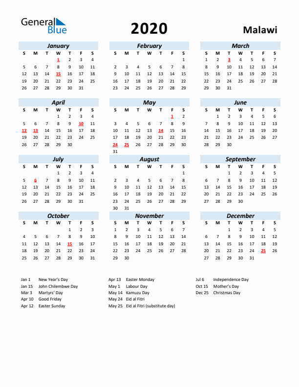 2020 Calendar for Malawi with Holidays