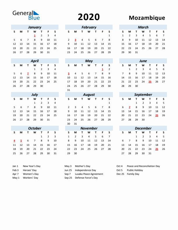 2020 Calendar for Mozambique with Holidays