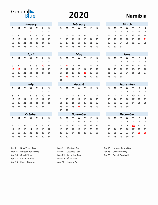 2020 Calendar for Namibia with Holidays