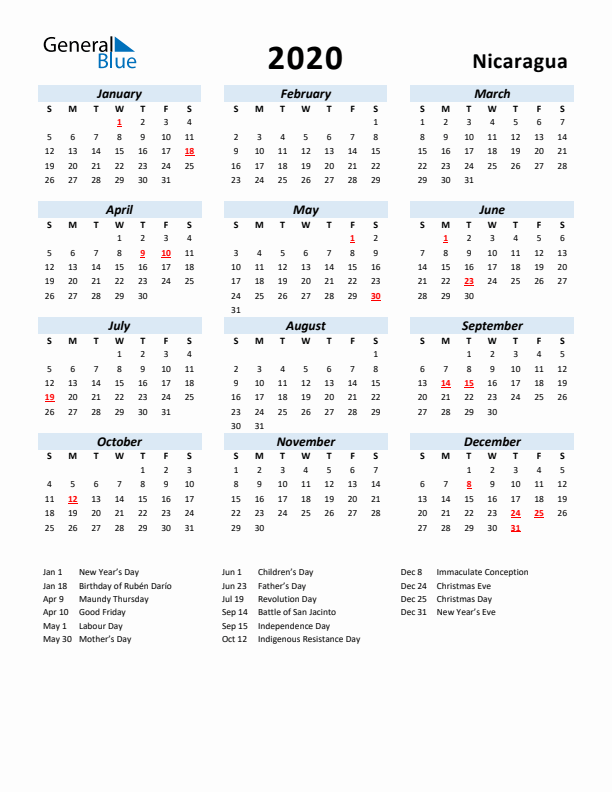 2020 Calendar for Nicaragua with Holidays