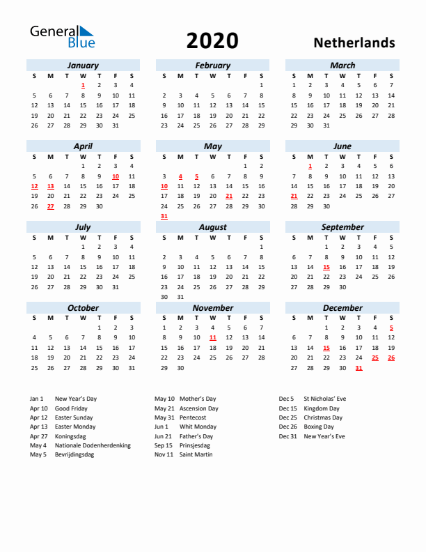 2020 Calendar for The Netherlands with Holidays
