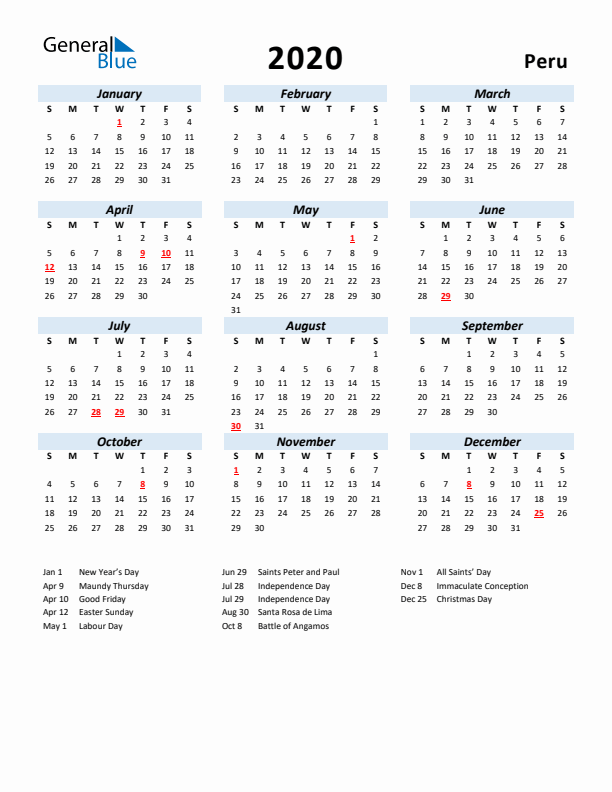 2020 Calendar for Peru with Holidays