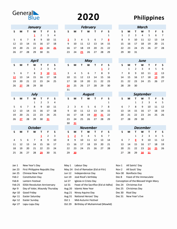 2020 Calendar for Philippines with Holidays
