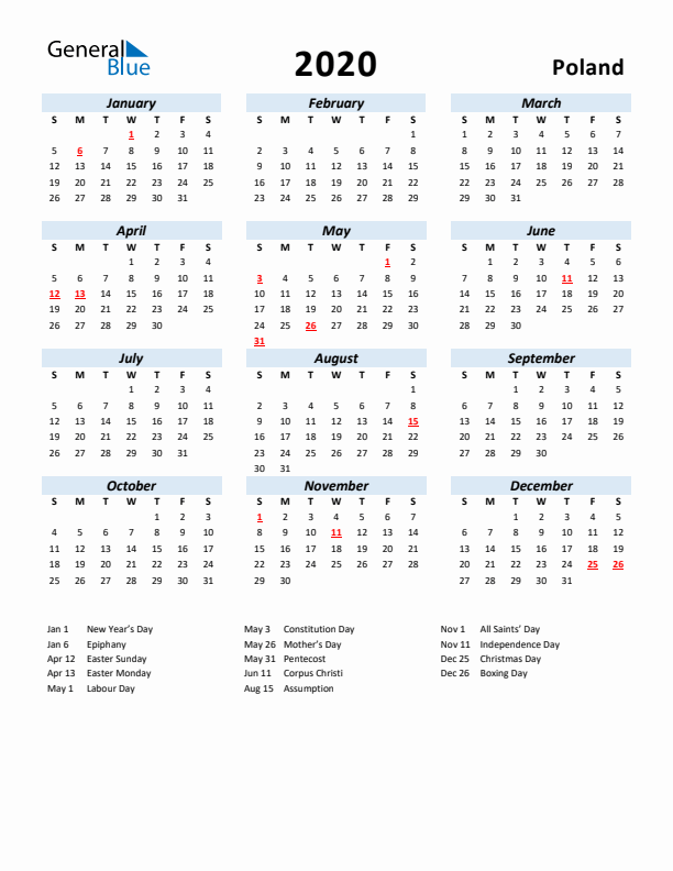 2020 Calendar for Poland with Holidays