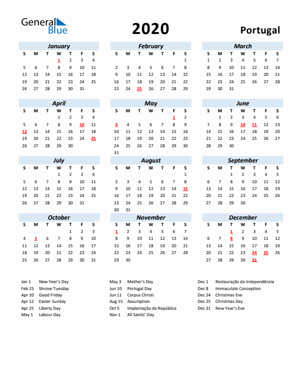 2020 Calendar for Portugal with Holidays