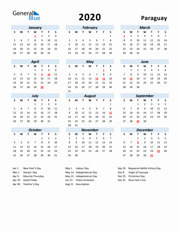 2020 Calendar for Paraguay with Holidays