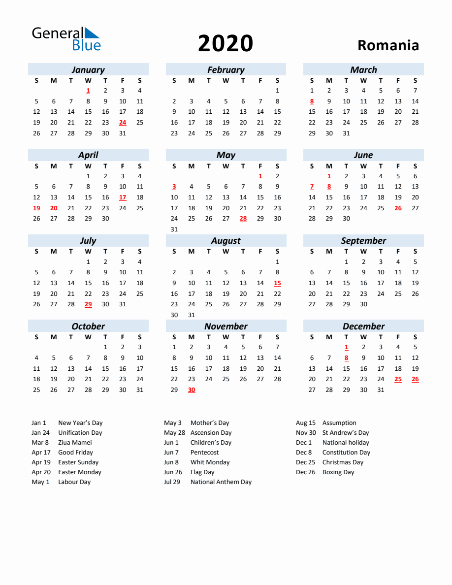 2020 Yearly Calendar for Romania with Holidays