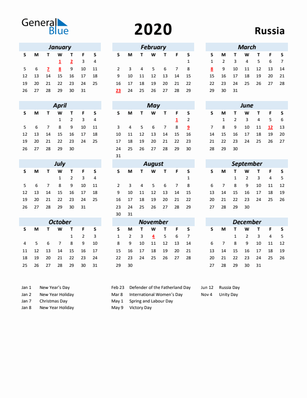 2020 Calendar for Russia with Holidays