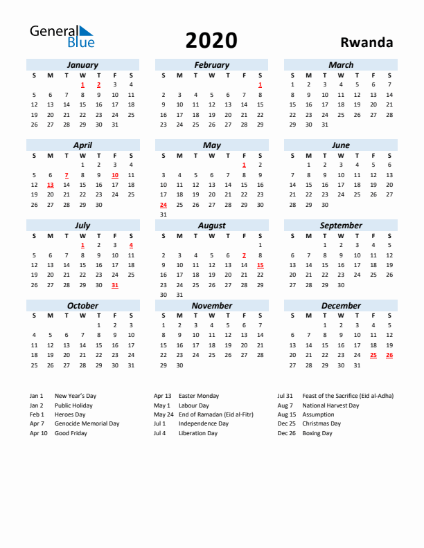 2020 Calendar for Rwanda with Holidays