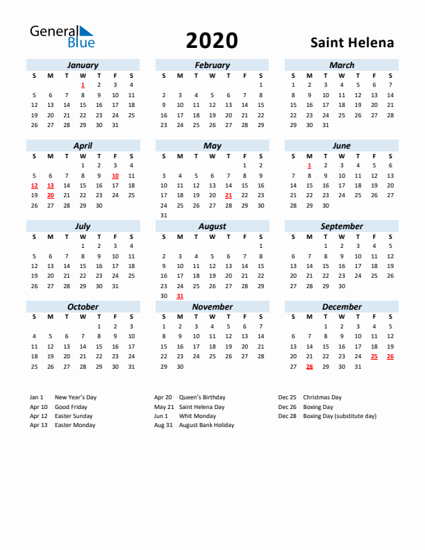 2020 Calendar for Saint Helena with Holidays