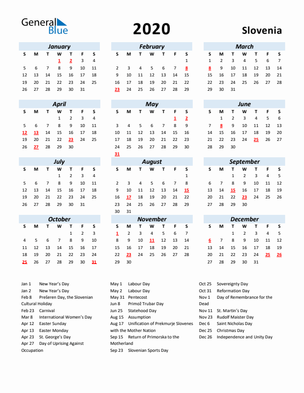 2020 Calendar for Slovenia with Holidays