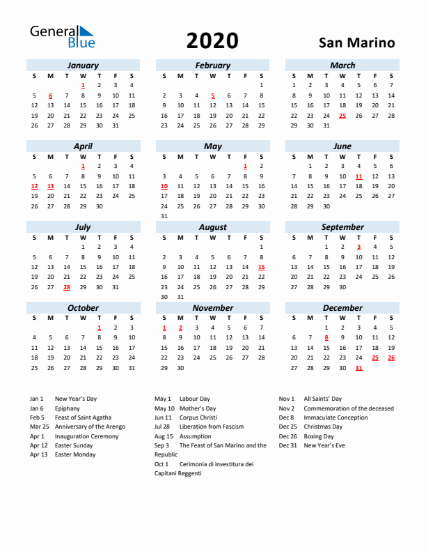 2020 Calendar for San Marino with Holidays