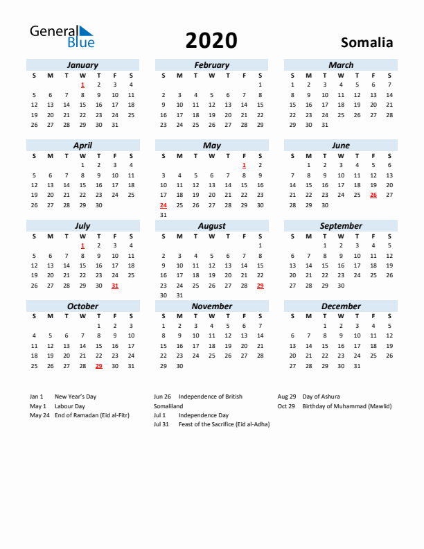 2020 Calendar for Somalia with Holidays