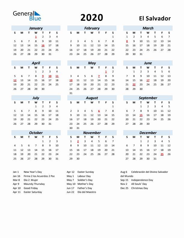 2020 Calendar for El Salvador with Holidays