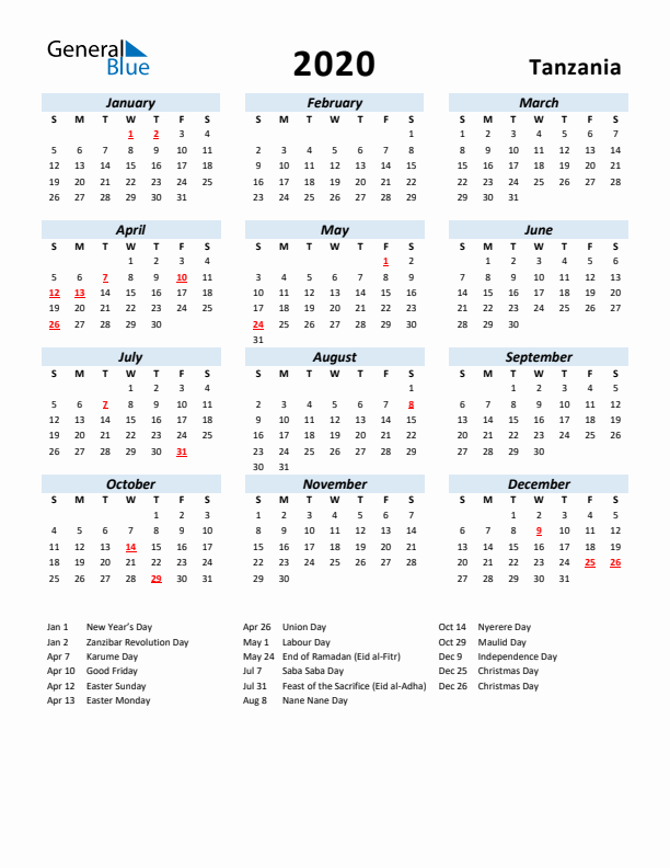 2020 Calendar for Tanzania with Holidays