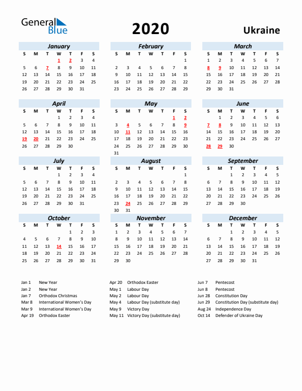 2020 Calendar for Ukraine with Holidays