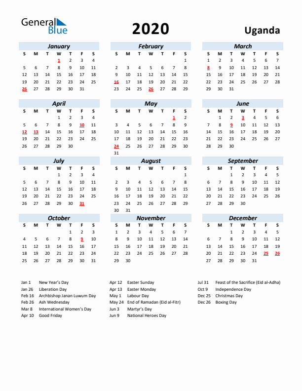 2020 Calendar for Uganda with Holidays