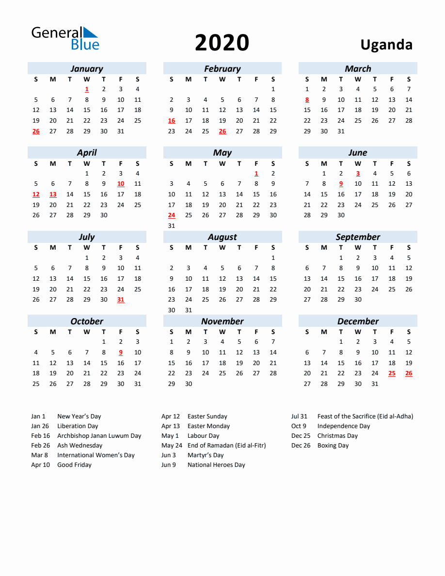 2020 Yearly Calendar for Uganda with Holidays