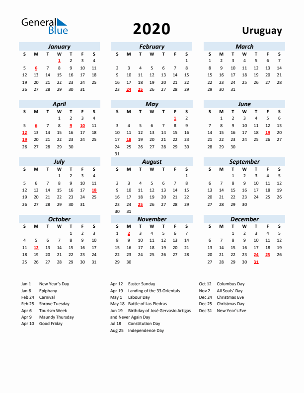 2020 Calendar for Uruguay with Holidays