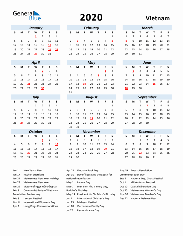 2020 Calendar for Vietnam with Holidays