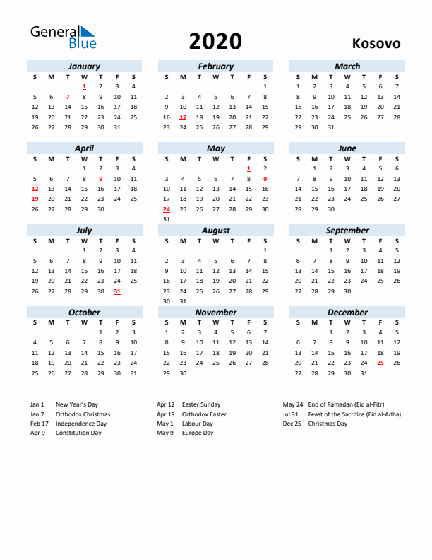 2020 Calendar for Kosovo with Holidays