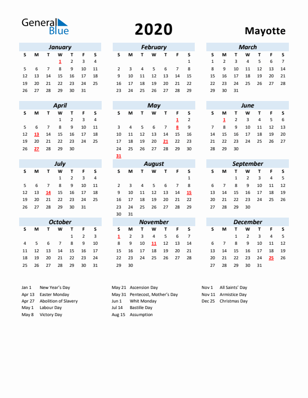 2020 Calendar for Mayotte with Holidays