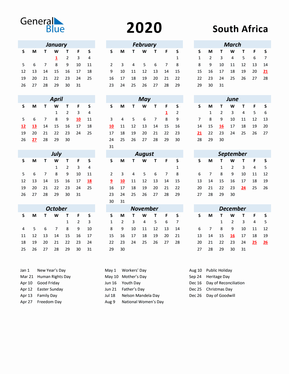 2020 Yearly Calendar For South Africa With Holidays   2020 Calendar Blue Script With Holidays Portrait Sunday Start En Za 918x1188 