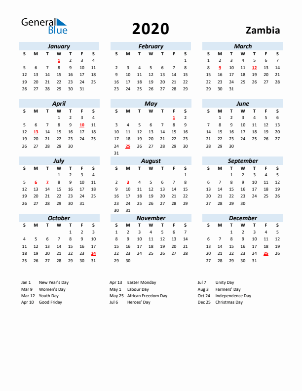 2020 Calendar for Zambia with Holidays