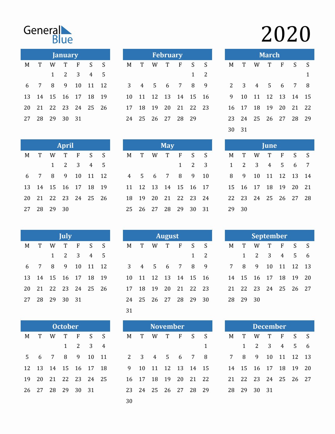 2020 Calendar with Monday Start