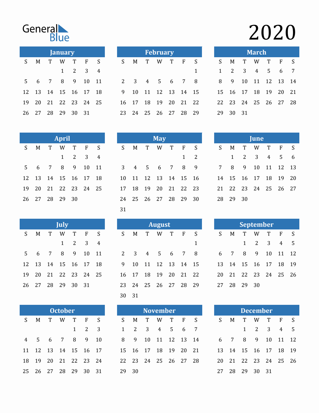 Free 2020 Calendars in Excel