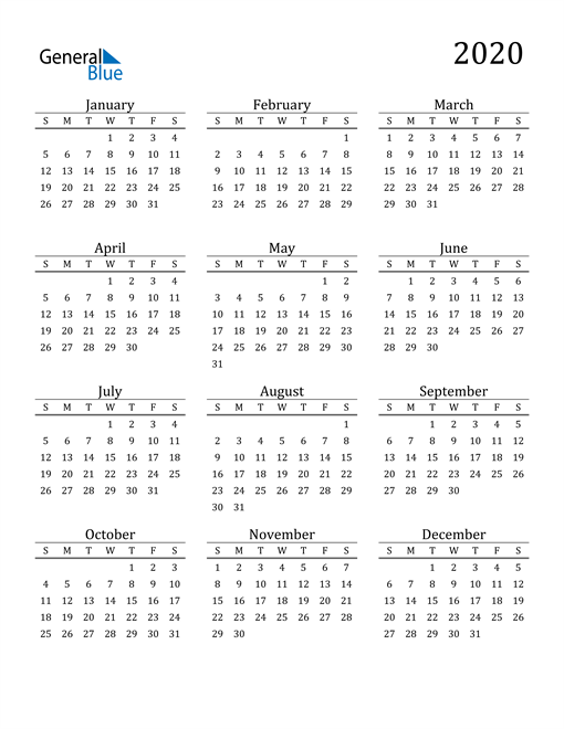 2020 Calendar (pdf, Word, Excel)