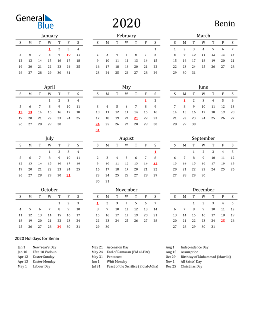 2020 Benin Calendar with Holidays