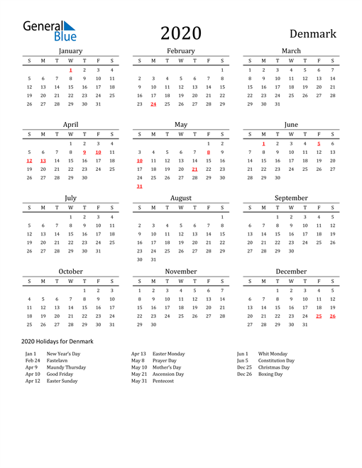 2020 Denmark Calendar with Holidays