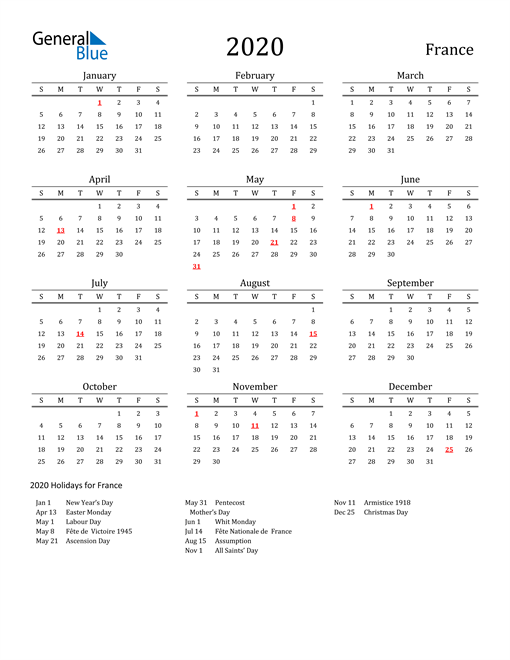 France Holidays Calendar for 2020