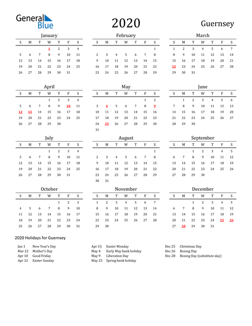 Guernsey Holidays Calendar for 2020