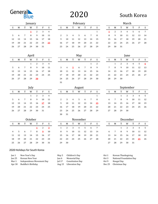 2020 South Korea Calendar with Holidays
