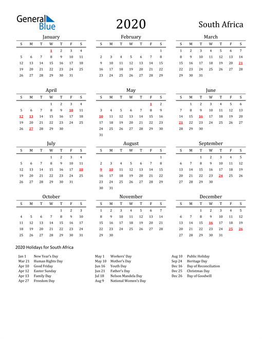 2020 Calendar South Africa With Holidays