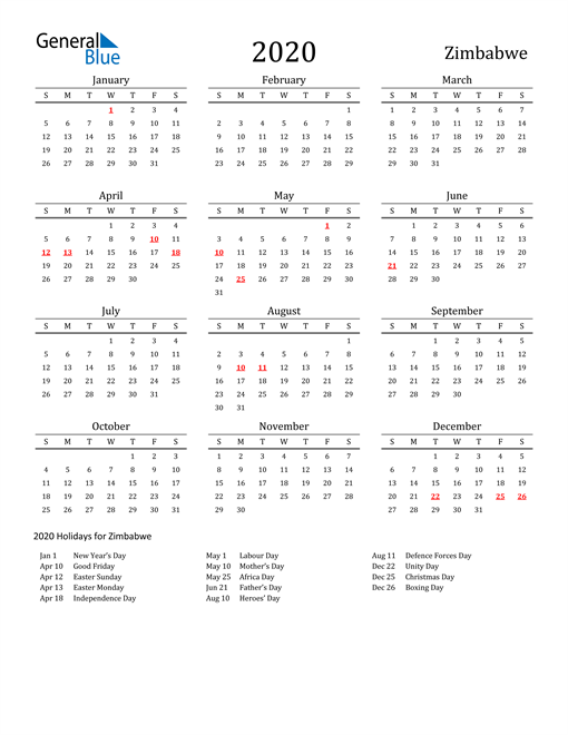 2020 Zimbabwe Calendar with Holidays