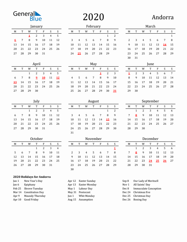 Andorra Holidays Calendar for 2020