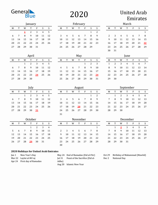 United Arab Emirates Holidays Calendar for 2020